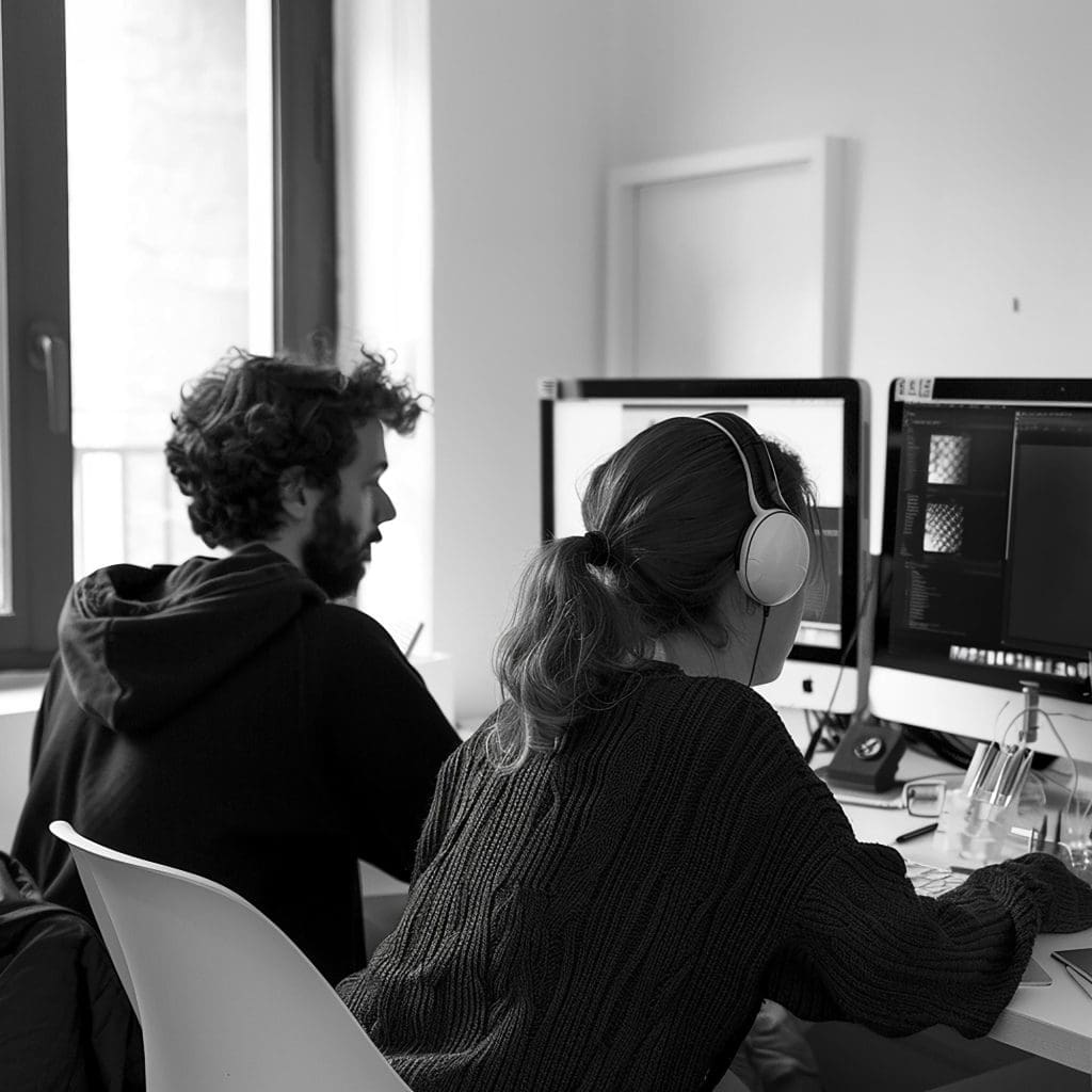 Ekipa pri načrtovanju digitalnega projekta za računalnikom